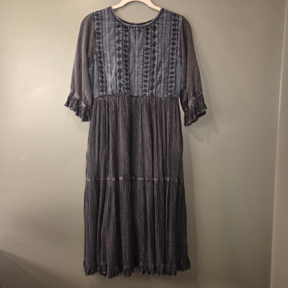 Young Threads Boho Embroidered Midi Dress 3/4 Sleeves Acid Wash Size L